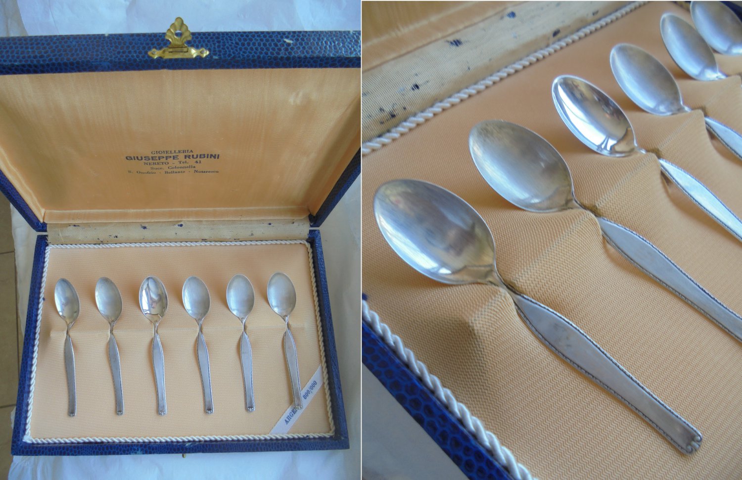 SET of 6 SPOONS in SILVER 800 for coffee or dessert Italy Padova In box 1960s Grams 49