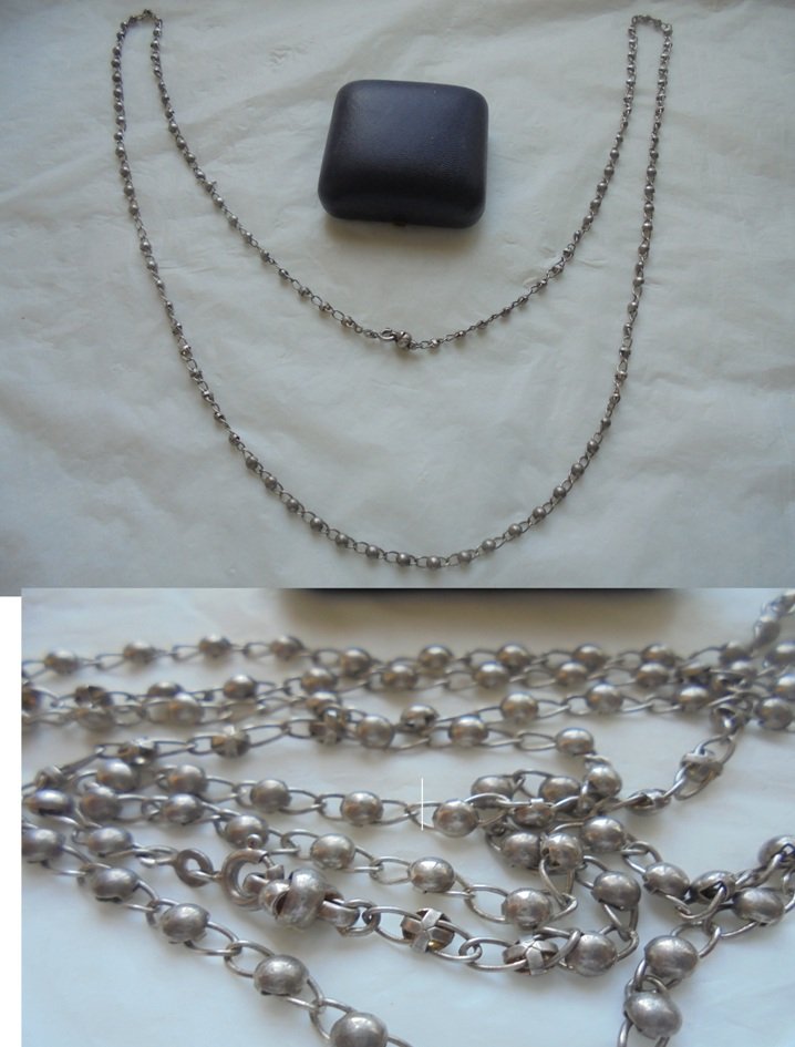 LONG NECKLACE in SILVER 800 with small spheres pearls in silver Original 1960s in gift box