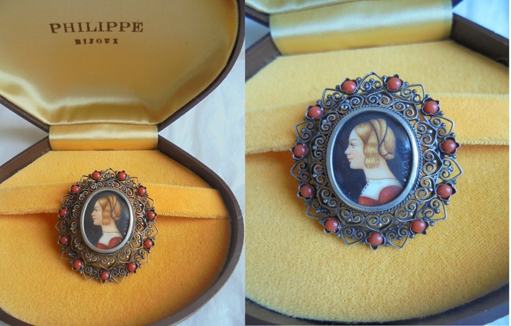CAMEO brooch pendent in SILVER 800 with Mediterranean CORAL Original Italy by Fedeli 1950s