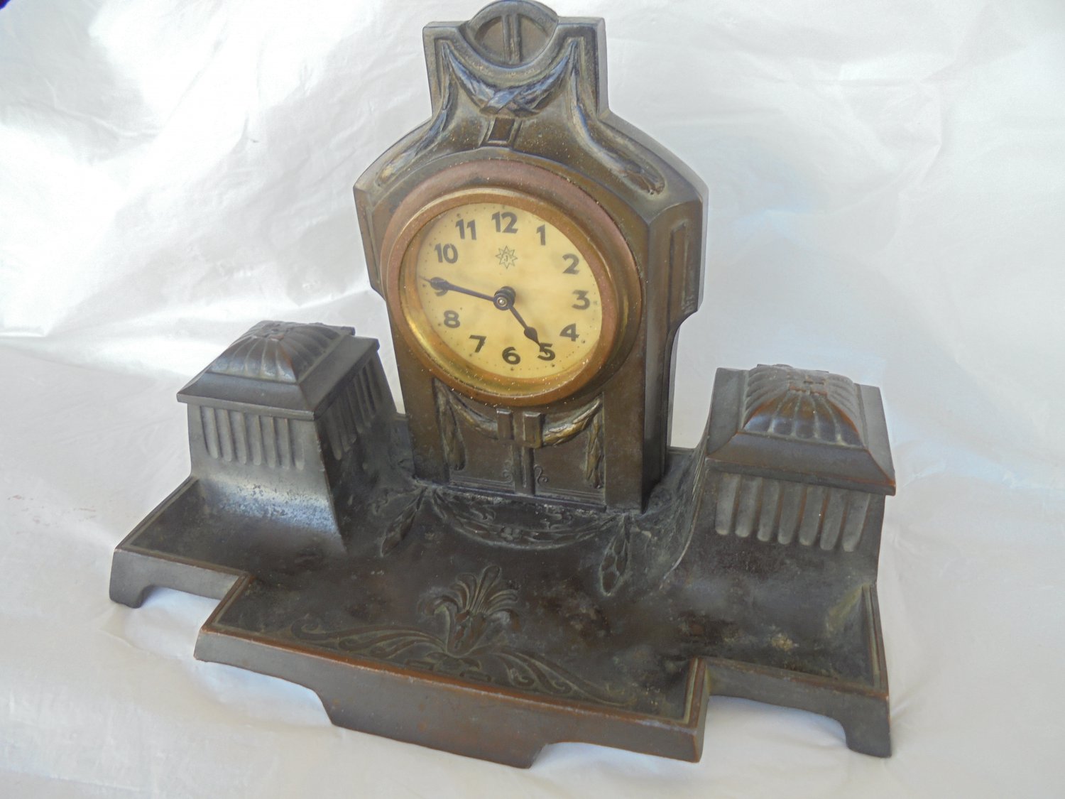 DESK ink STAND with CLOCK Original 1940s in bronze and antimony Art Deco