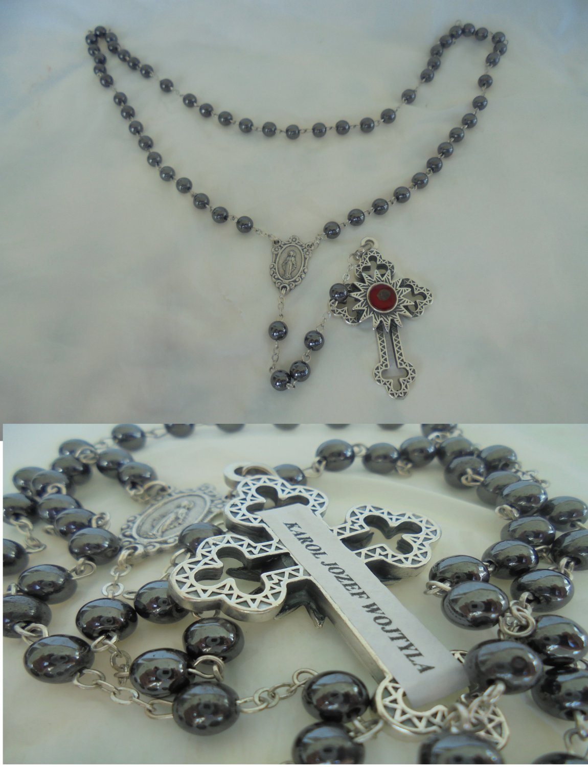 Praying rosary with hematite beads with relic of pope John Paul II Karol Wojtyla santification 2014