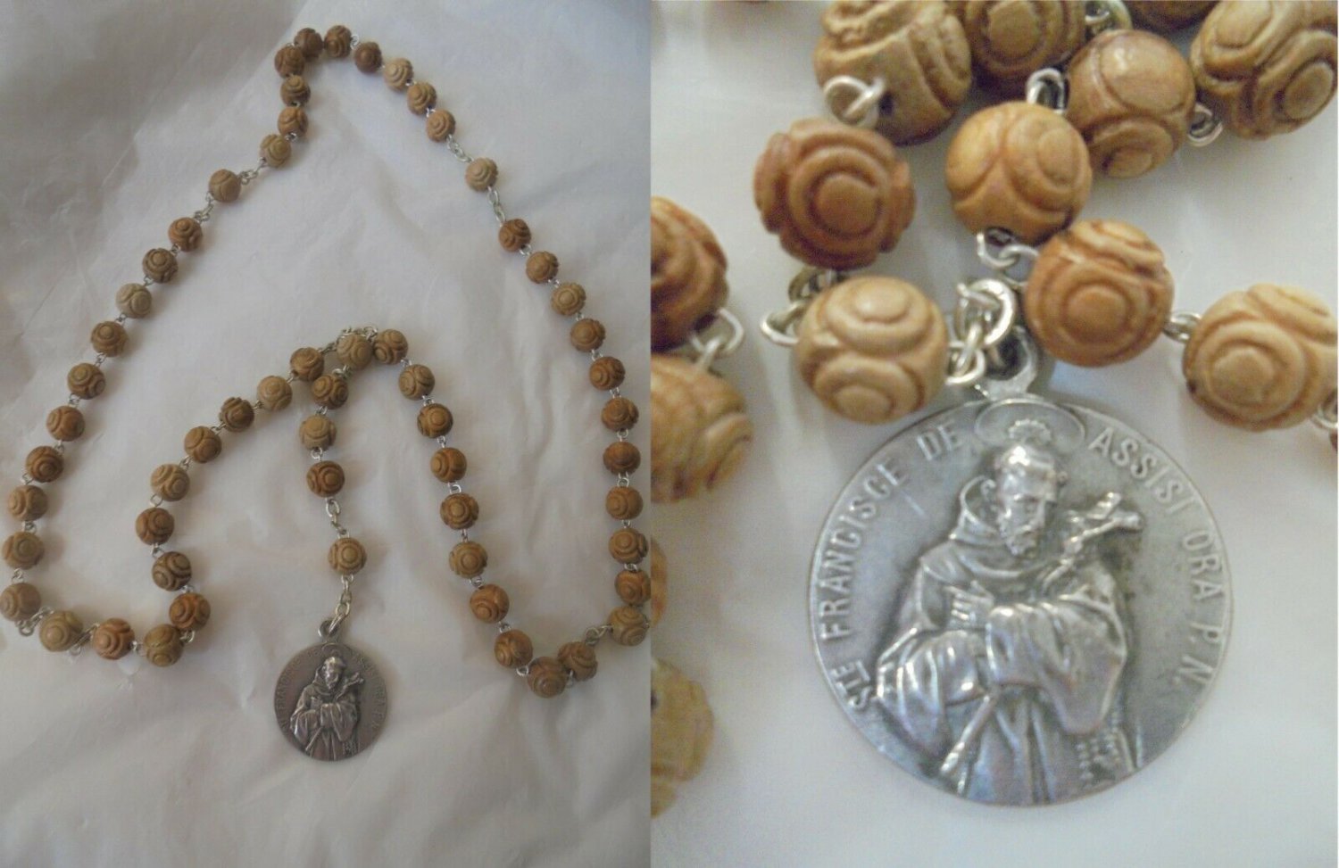 Praying rosary necklace of Saint Francis of Assisi and Saint Clara Original with beads in wood