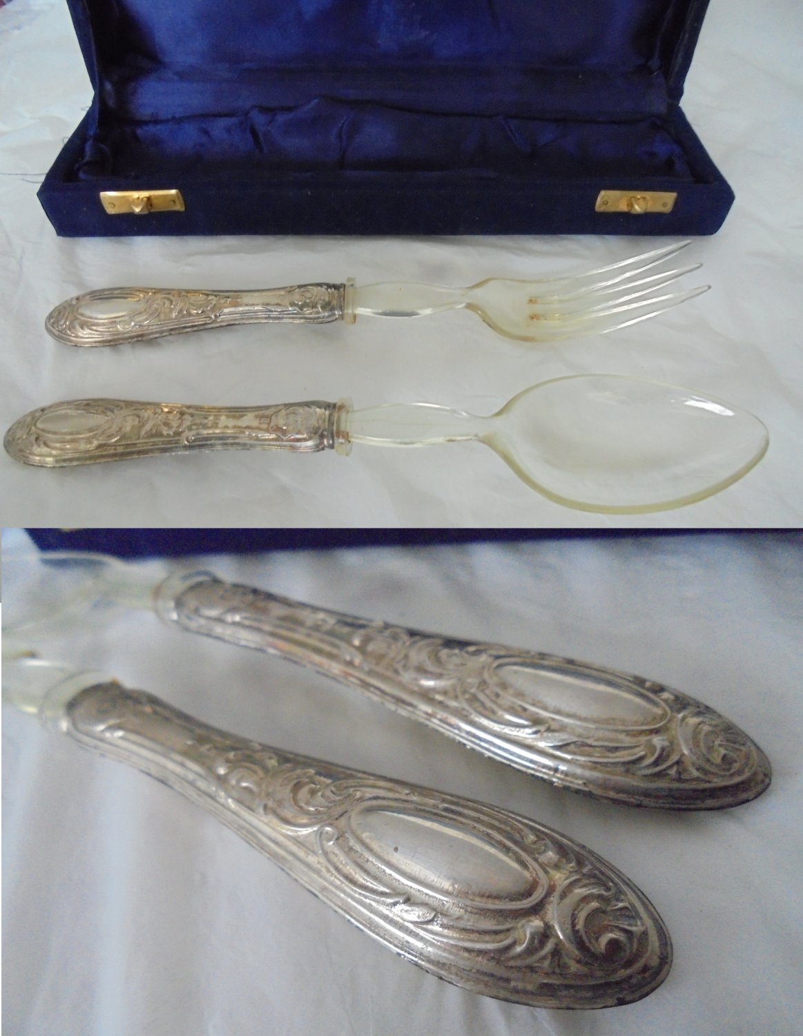 Serving set of big FORK and SPOON in SILVER 800 for salads 1950s +Gift box