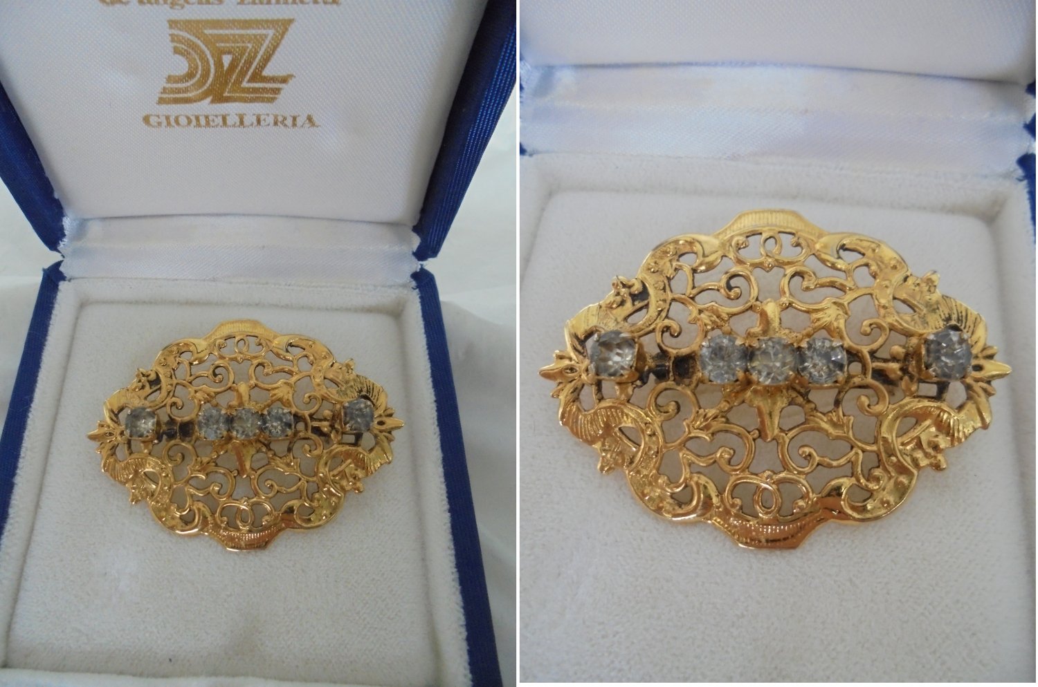 BROOCH VICTORIAN DESIGN with white crystals Original 1980s