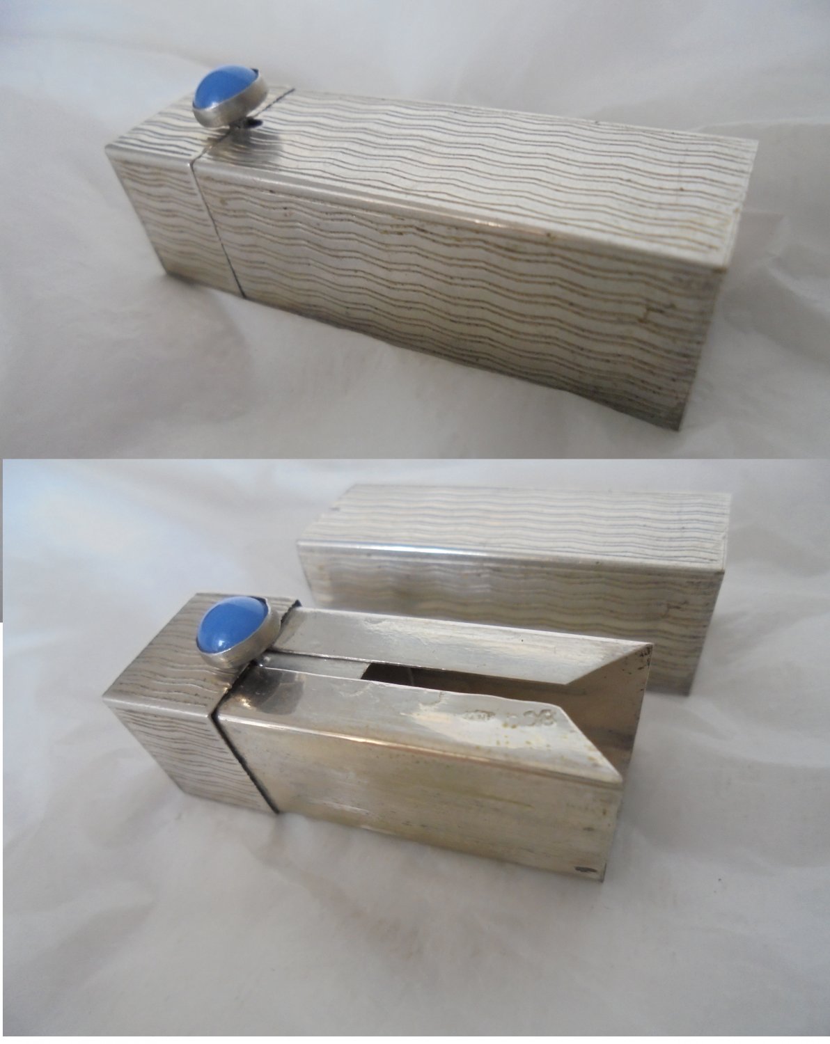 LIPSTICK stick holder case in SILVER 800 with blue stone Art DECO Original from 1950s