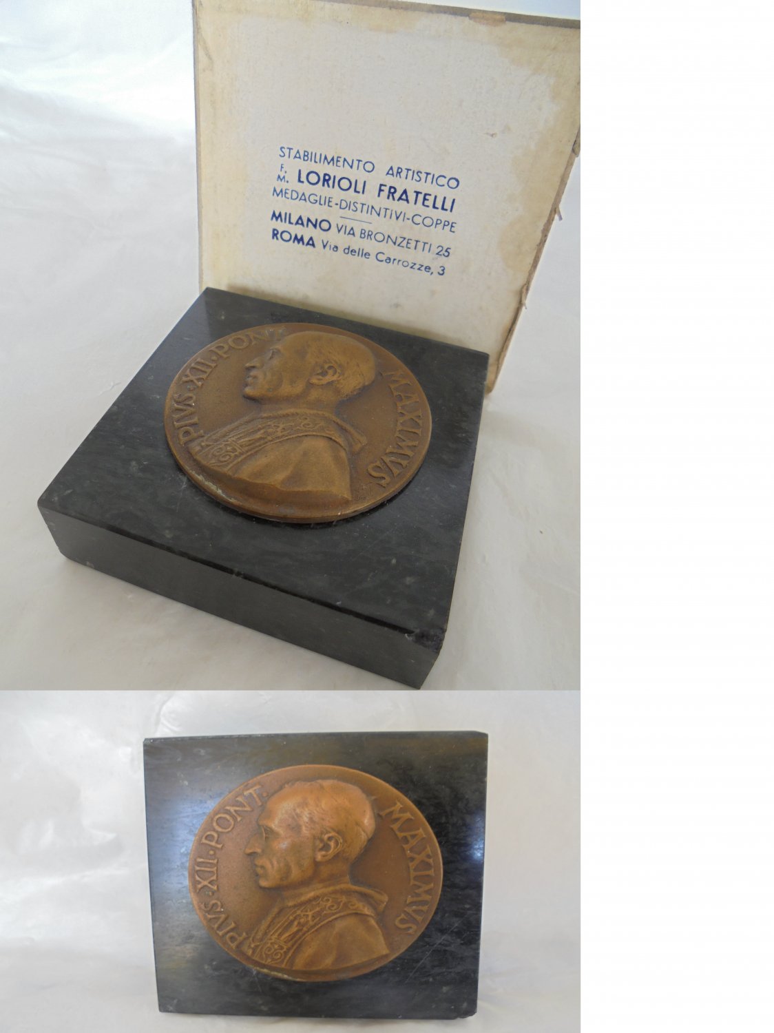POPE PIUS XII Pacelli Paperweight in marble with medal by Lorioli Original 1960s