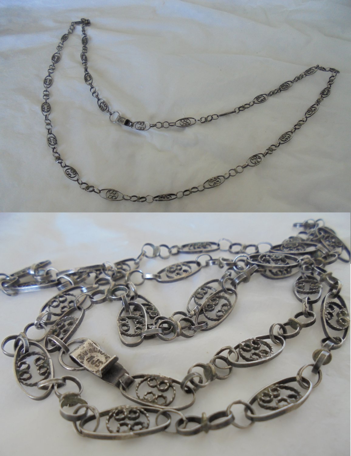 Long necklace in STERLING SILVER 925 AJS Mexico Flower filigree design Original