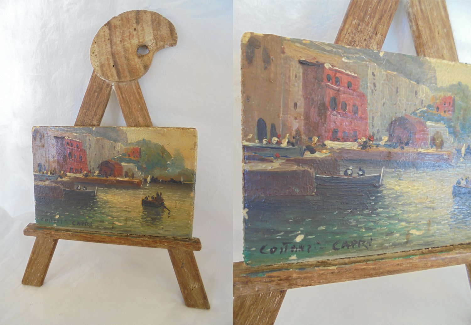 CAPRI ITALY Harbor Oil PAINTING on wood Original hand painted 1950s