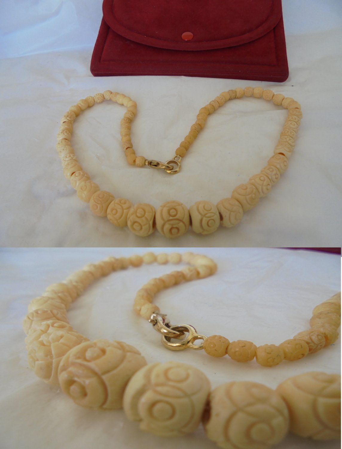 NECKLACE with spheres in hand carved BONE Original 1960s In gift box