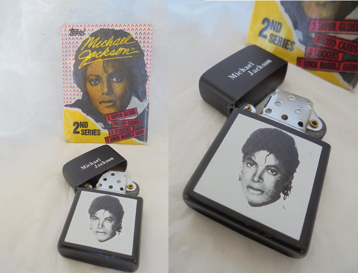 MICHAEL JACKSON Topps photo cards and bubble gum pack sealed with lighter 1980s