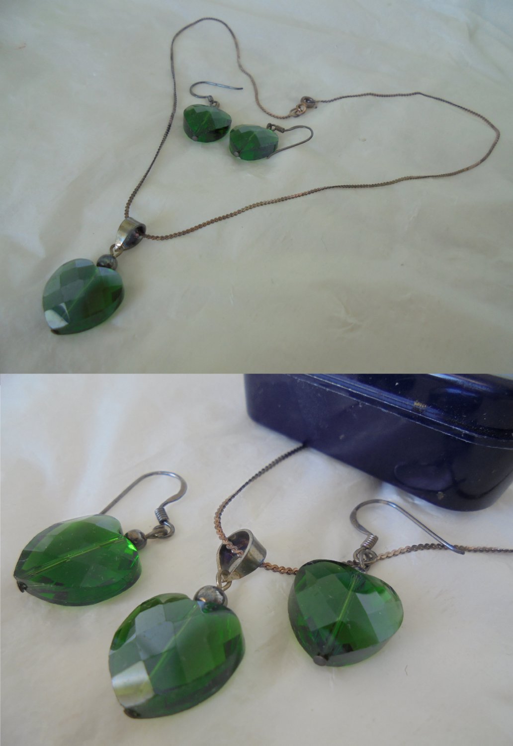 EARRINGS and NECKLACE set in Sterling SILVER 925 and green Swarovski crystal Original in gift box