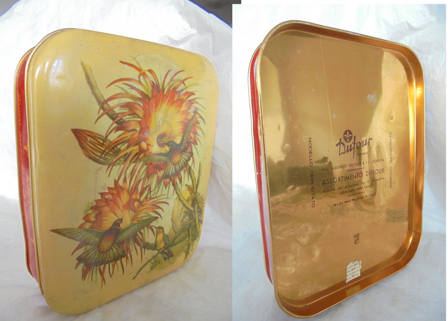 DUFOUR CARAMELLE tin candy box with flowers and birds Original 1960s