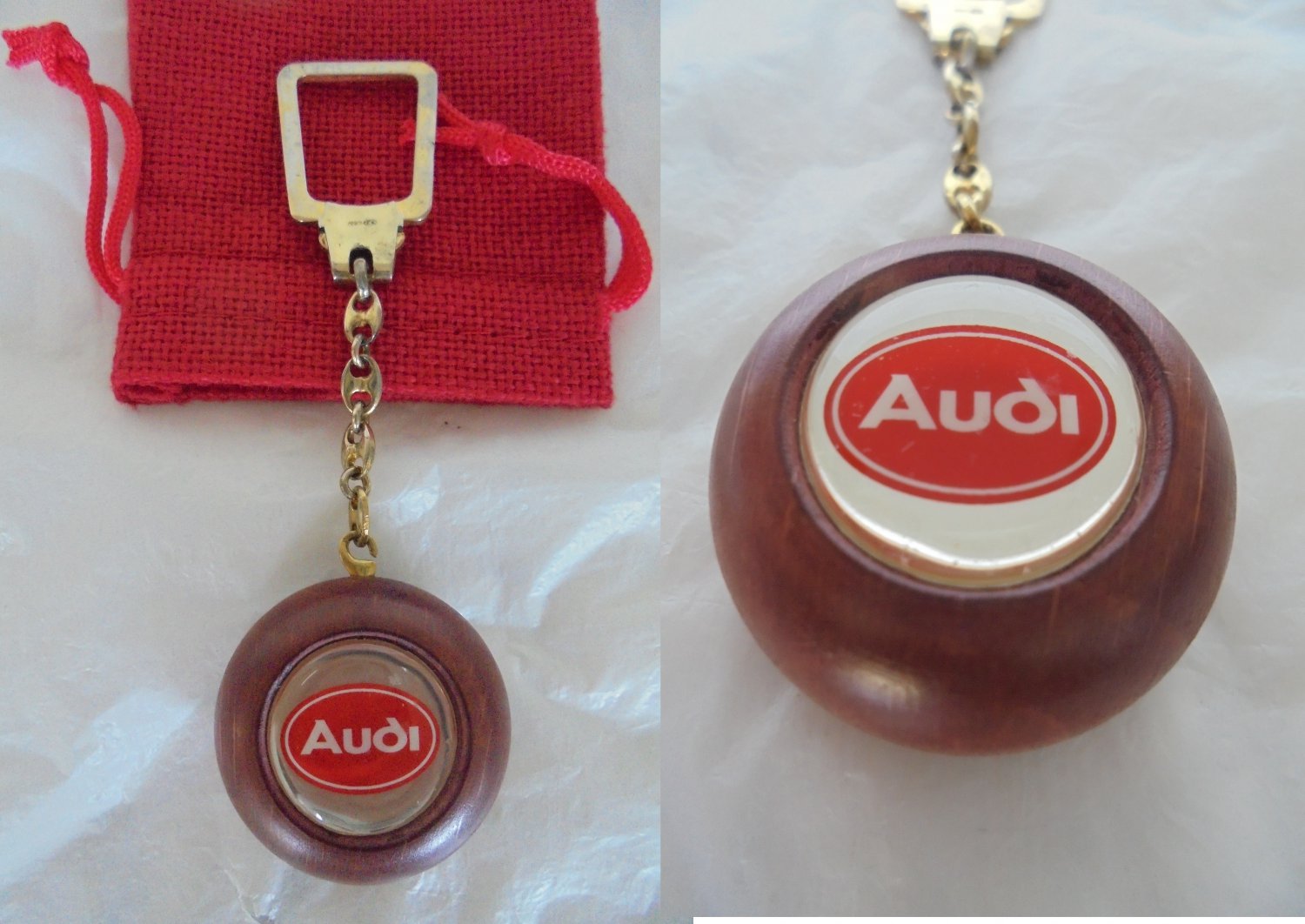 AUDI KEYCHAIN in SILVER sterling 925 gold plated and wood from 1990s