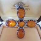 CROSS CRUCIFIX PENDANT charm for necklace in sterling silver 925 and amber stone In gift box 1970s