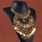Women's antique gold bib necklace jewelry, Tribal engraved collar - Statement coin tassel #34811428