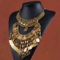 Women's antique gold bib necklace jewelry, Tribal engraved collar - Statement coin tassel #34811428