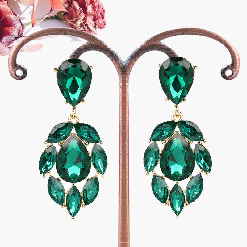 Gold tone emerald green drop earrings, Crystal chandelier statement wedding earrings #37549121