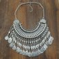 Silver tone bib collar with tassel, Engraved medallion coin, Women's chest / neck ornament #37548783