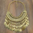 Gold tone bib collar with tassel, Engraved medallion coin, Women's chest / neck ornament #37553723