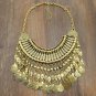 Gold tone bib collar with tassel, Engraved medallion coin, Women's chest / neck ornament #37553723