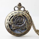 Rose flower locket on long chain necklace, Round watch pendant necklace in antique brass #37554540