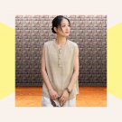 Natural beige sleeveless top, Mandarin collar button blouse, Z-inspired casual wear, One Size