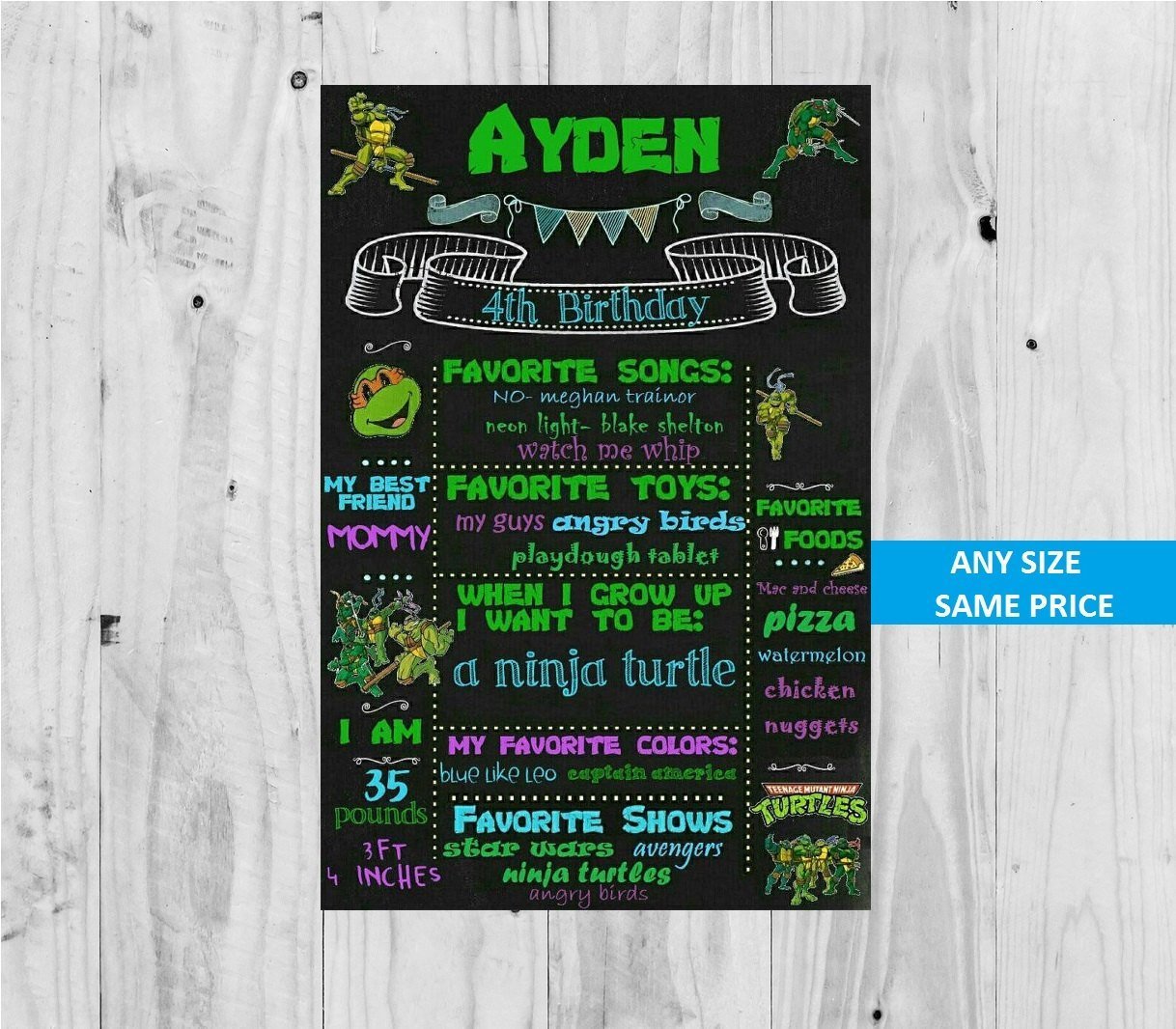 SALE! First Birthday Or Any Age Chalkboard Printable Ninja Turtles Sign Boys Poster