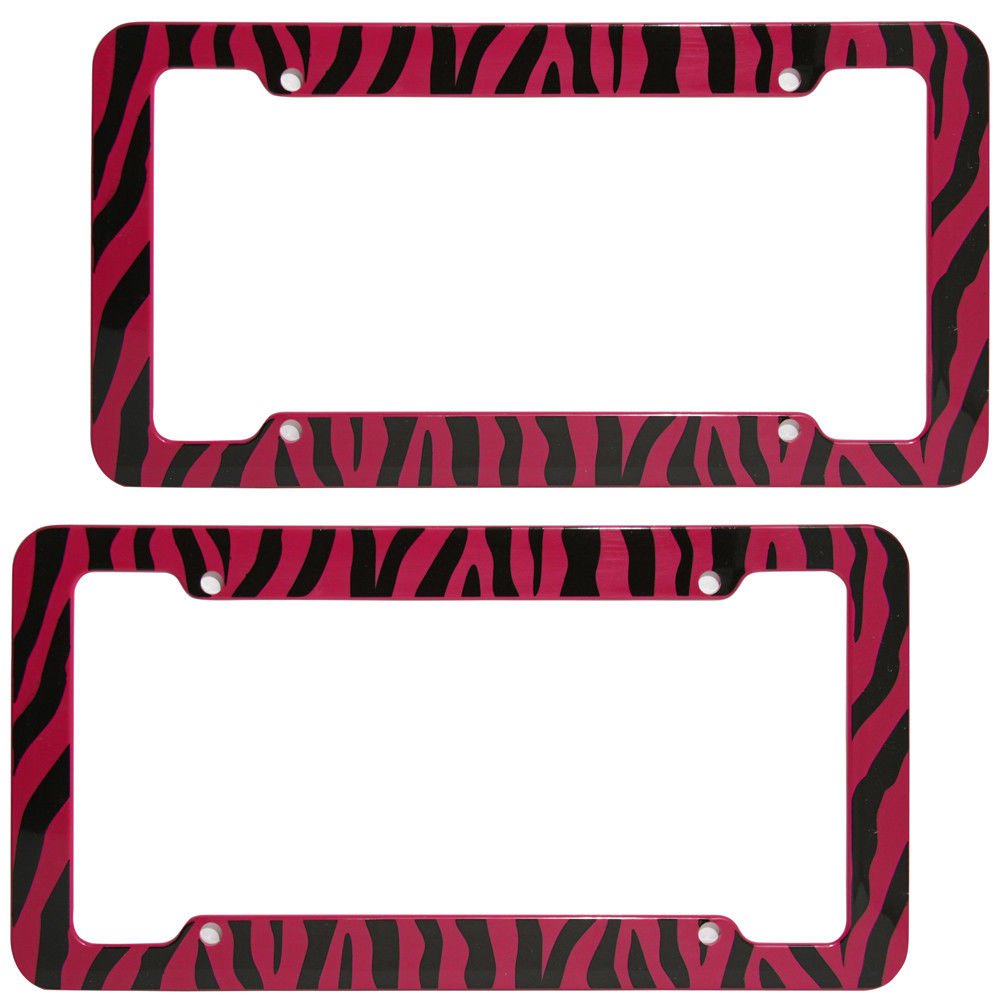 2 PC Set Safari Red Zebra Tiger Print Plastic License Plate Frames Car Truck SUV