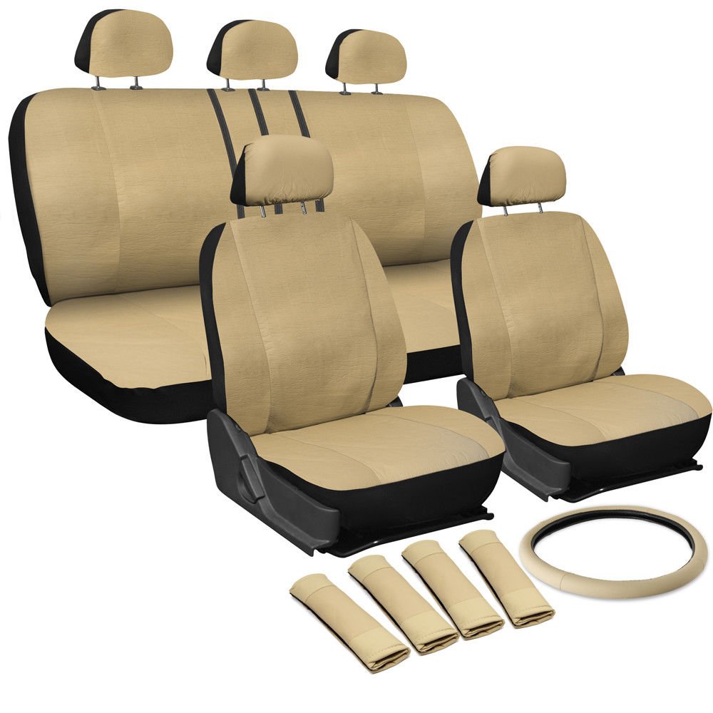 Solid Tan PU Low Back Synthetic Leather Seat Covers Steering Wheel Set Beige