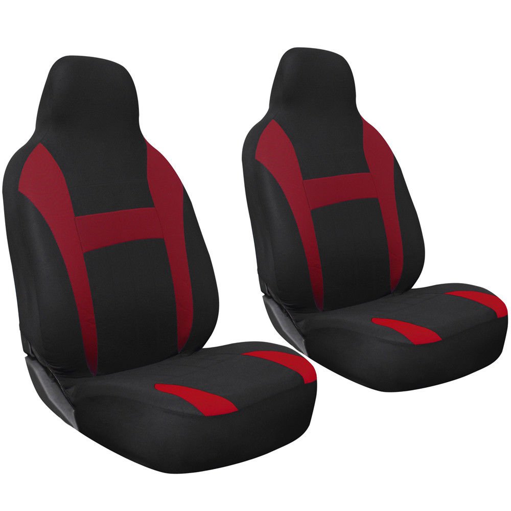 Car Seat Cover Red Black 2pc Set Bucket for Auto w/Integrated Head Rest Mesh
