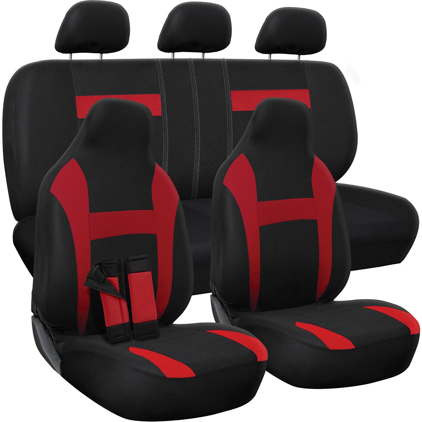 10pc Set Red & Black Auto Car Seat Covers w/ Belt Pads Head Rests