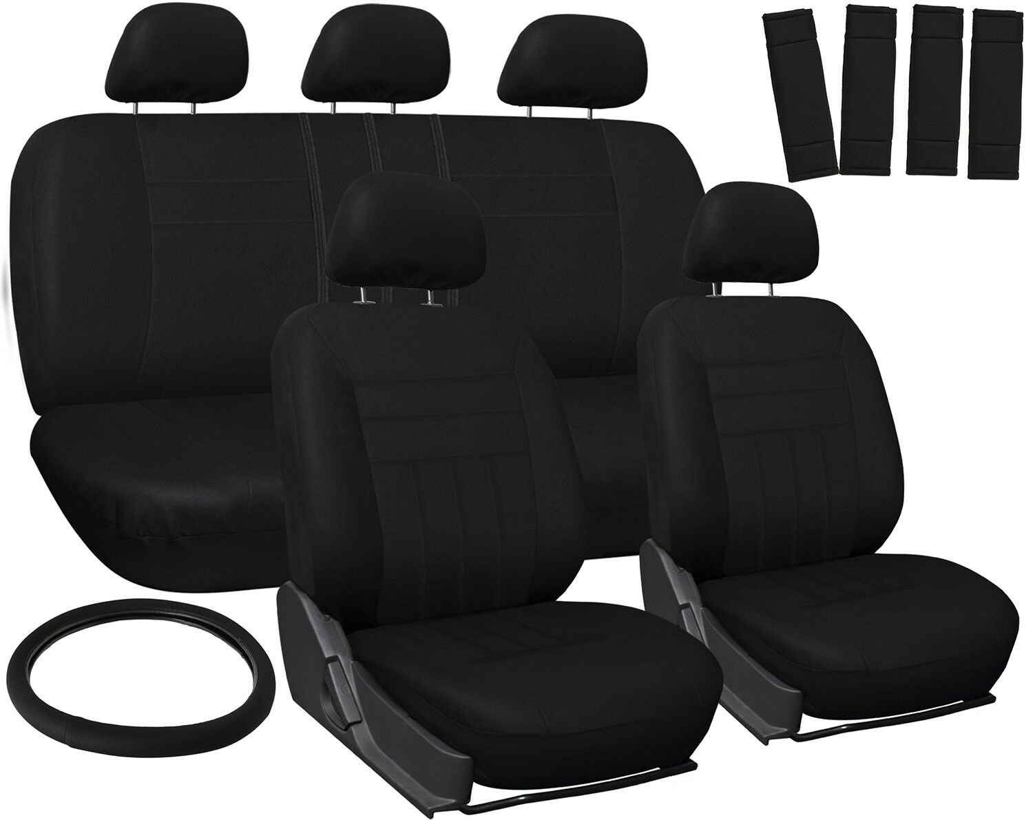 Car Seat Covers Black 17pc Full Set for Auto w/Steering Wheel/Belt Pad/Head Rest