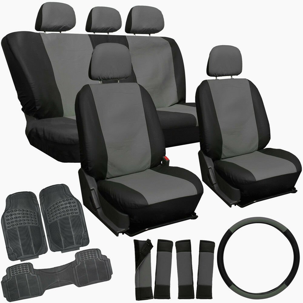 20pc Faux Leather Gray Black Car Seat Cover Set + Heavy Duty Rubber Floor Mats
