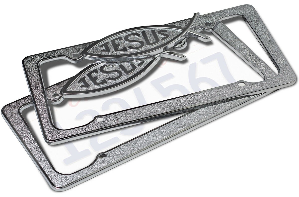 2pc OxGord Metal License Plate Steel Frame Jesus Christ Fish Car SUV Van Truck