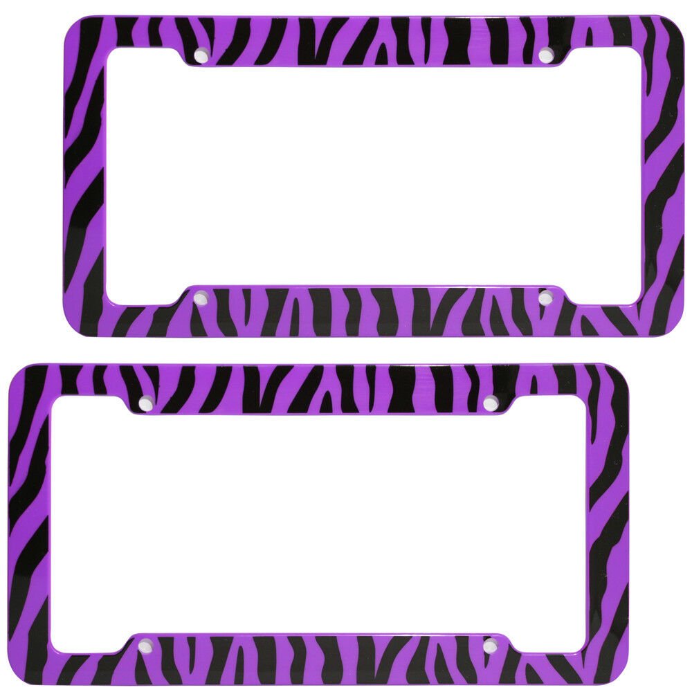 2 PC Set Safari Purple Zebra Tiger Print Plastic License Plate Frames Car Truck