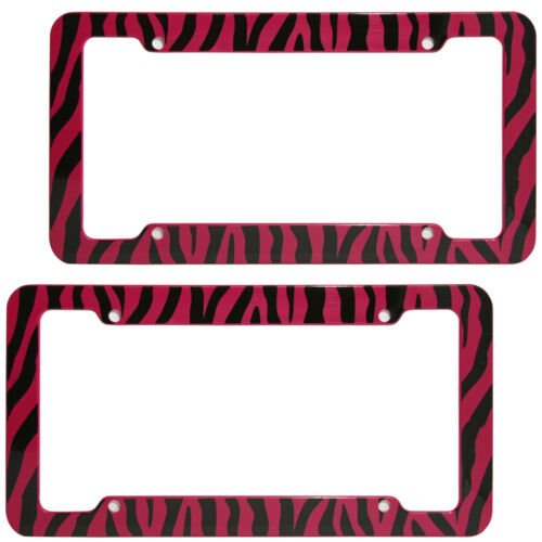 2 PC Set Safari Red Zebra Tiger Print Plastic License Plate Frames Car Truck SUV
