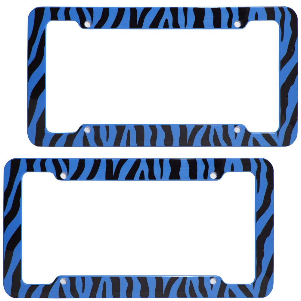2 PC Set Safari Blue Zebra Tiger Print Plastic License Plate Frames Car Truck