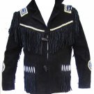 NEW MEN BLACK BUFFALO SUEDE LEATHER FRINGES BEADS JACKET J5