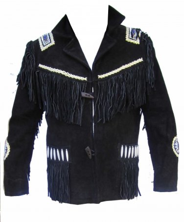 NEW MEN BLACK BUFFALO SUEDE LEATHER FRINGES BEADS JACKET J5