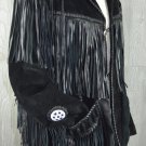 NEW MEN  BLACK BUFFALO SUEDE LEATHER FRINGES BEADS JACKET FJ12