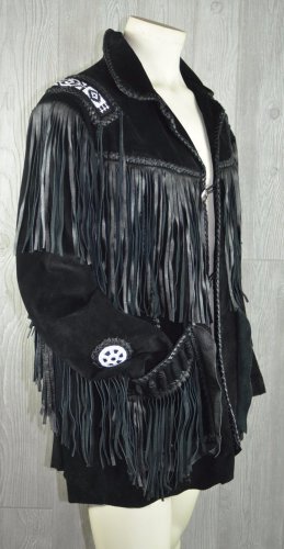 NEW MEN  BLACK BUFFALO SUEDE LEATHER FRINGES BEADS JACKET FJ12