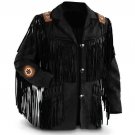 NEW MEN BLACK BUFFALO SUEDE LEATHER FRINGES BEADS JACKET BJ12
