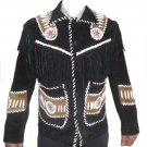 NEW MEN BLACK BUFFALO SUEDE LEATHER FRINGES BEADS JACKET BJ2