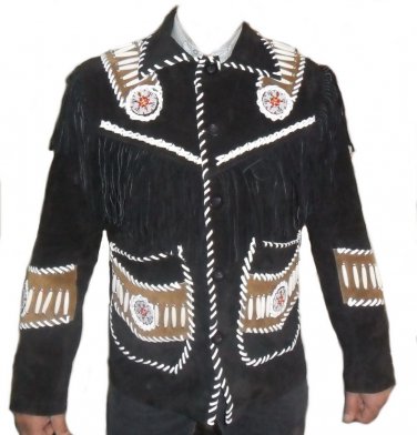 NEW MEN BLACK BUFFALO SUEDE LEATHER FRINGES BEADS JACKET BJ2