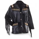 NEW MEN BLACK BUFFALO SUEDE LEATHER FRINGES BEADS JACKET BJ13