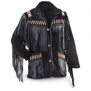 NEW MEN BLACK BUFFALO SUEDE LEATHER FRINGES BEADS JACKET BJ13
