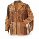 NEW MEN BROWN BUFFALO SUEDE LEATHER FRINGES BEADS JACKET BR12