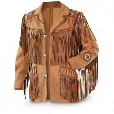 NEW MEN BROWN BUFFALO SUEDE LEATHER FRINGES BEADS JACKET BR12