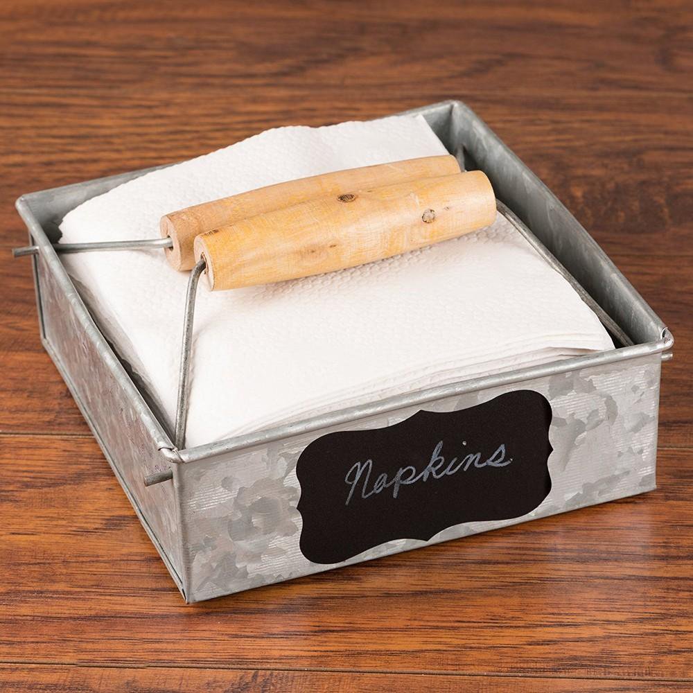 Galvanized Metal Napkin Holder with Wooden Handle, Gray I457AMC0005