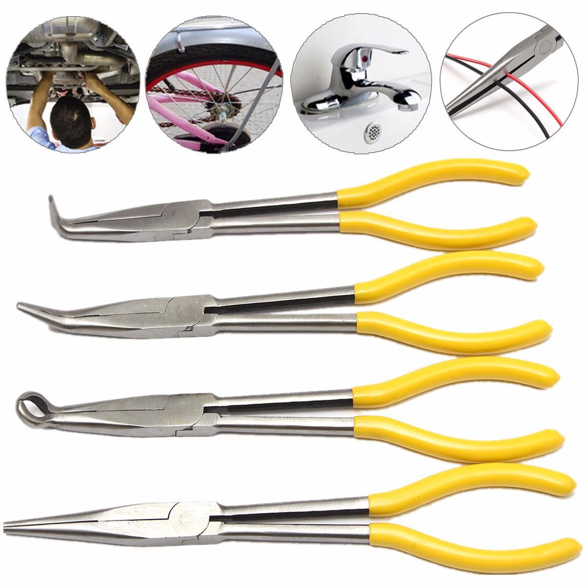 4 Pcs 11 inch Extra Long Nose Pliers Straight Bent Mechanic Equipment Hand Tool Set